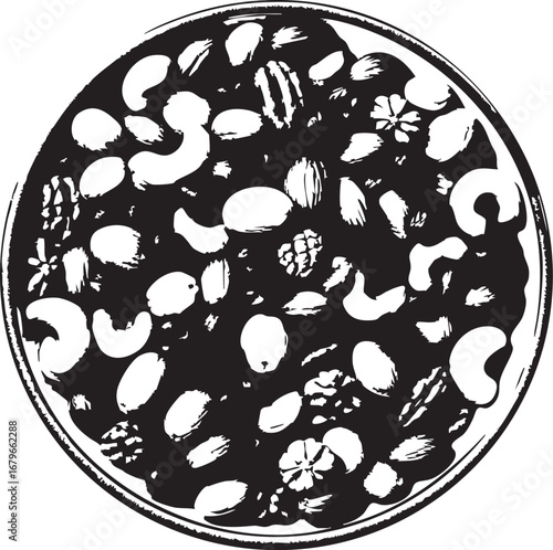  Hand-Drawn Bowl of Mixed Nuts and Dried Fruits, a Healthy Food Mix