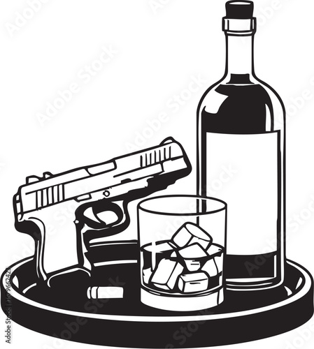 Hand-Drawn Still Life with Pistol, Bullet, and Liquor Bottle on a Tray