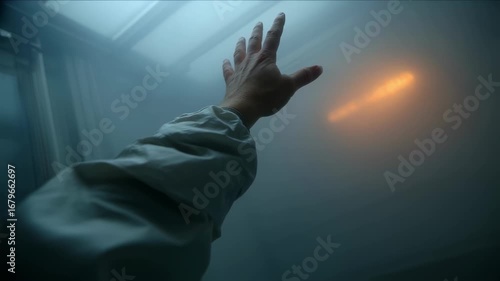 Patients forearm visible in medium shot as it reaches up to wave softly behind a fogged isolation window inside a dedicated containment unit for Clade I mpox.