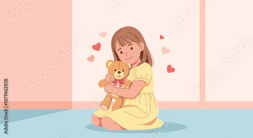 Illustration of a Girl Embracing a Teddy Bear with Floating Hearts in the Background