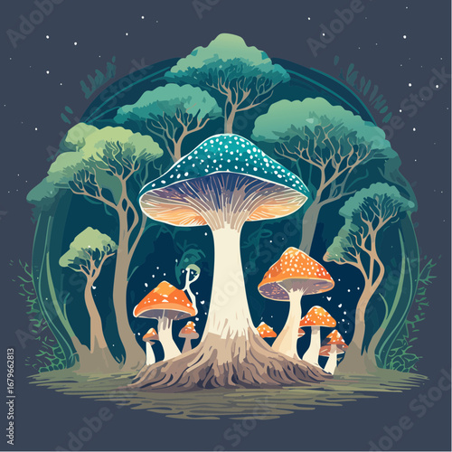 A whimsical illustration of glowing spotted mushrooms flourishing beneath an ancient, starry forest canopy, evoking an enchanted nocturnal wonder