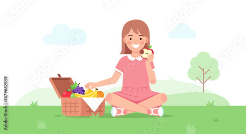 Illustration of a girl having a picnic in a green field with healthy fruits