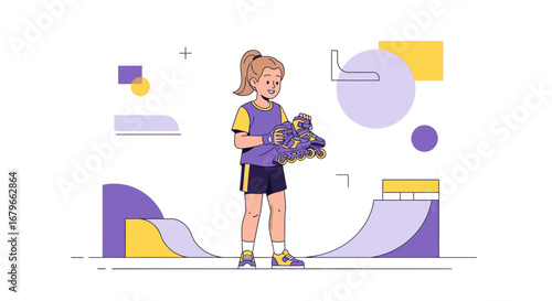 Illustration of a girl holding roller skates, ready for skateboarding and recreational activities