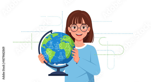 Illustration of a girl holding a globe, science concept and earth science education