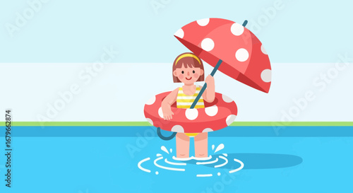 Illustration of a girl in a swimming pool with a polka dot umbrella and inflatable ring
