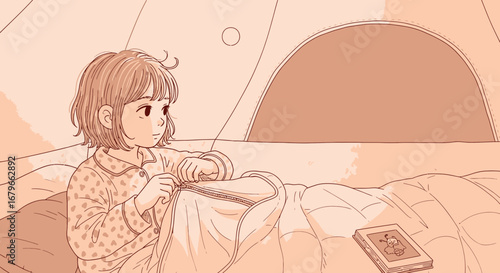 Illustration of a girl inside a tent closing a zipper next to a book