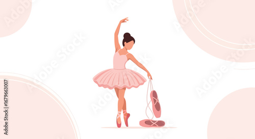 Illustration of a Ballerina in a Pink Tutu Holding Ballet Shoes in a Light Background
