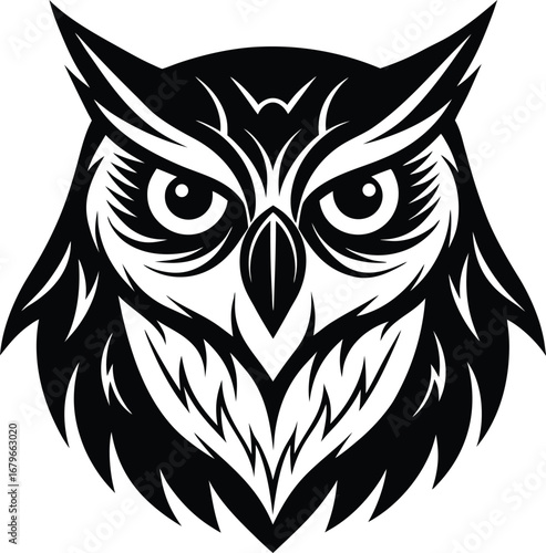 Vector art of striking black and white graphic illustration of an owls head, characterized by intricate feather details and piercing eyes, presented in a stylized, artistic manner, isolated on a