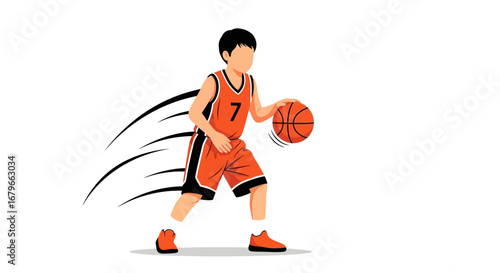 Illustration of a basketball player dribbling the ball in a dynamic action pose