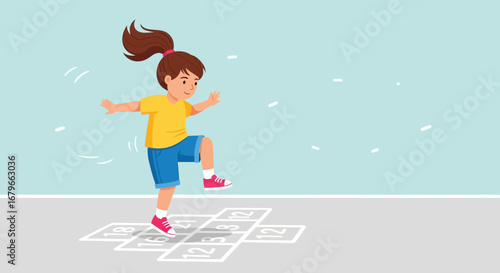 Illustration of a girl playing hopscotch, enjoying outdoor childhood fun and recreation