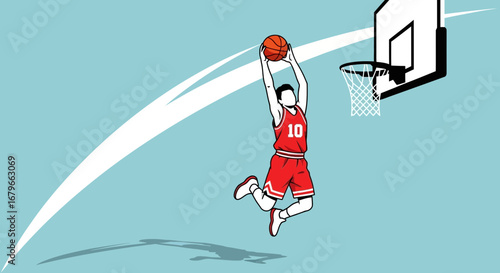 Illustration of a basketball player performing a slam dunk ready to score a goal