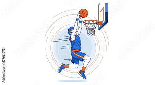 Illustration of a basketball player performing a slam dunk, sport graphic design