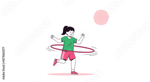 Illustration of a Girl Playing with a Hula Hoop in Minimalistic Style
