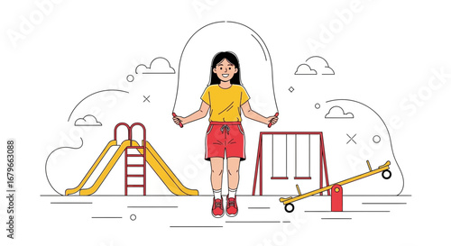 Illustration of a girl playing with a jump rope in a playground environment
