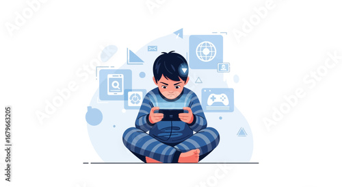 Illustration of a boy engrossed in playing games on a mobile phone in pajamas vector