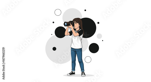 Illustration of a Girl Taking a Photo Against a Background of Various Circles