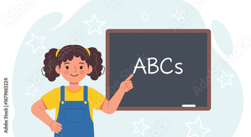 Illustration of a girl teaching the ABCs on a classroom chalkboard, education vector