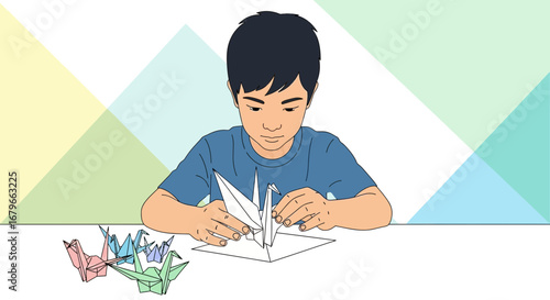 Illustration of a boy focused on creating origami bird on a white surface at a table