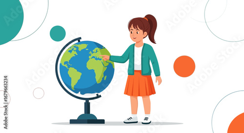 Illustration of a Girl Studying Geography with a Globe in a Classroom environment