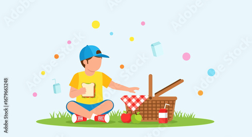 Illustration of a boy having a picnic in a park and enjoying his lunch on the grass