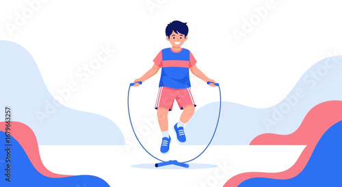 Illustration of a boy happily jumping rope demonstrating physical activity and exercise without comma