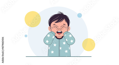 Illustration of a happy baby in pajamas covering his face in a playful manner