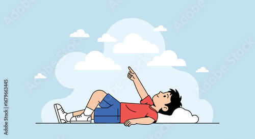 Illustration of a boy lying down and pointing at the clouds on a sunny day