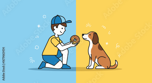 Illustration of a boy offering a donut to a dog in a split color background
