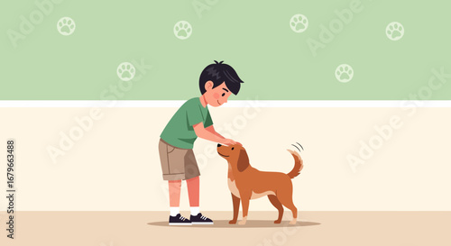 Illustration of a boy petting a dog, showing a moment of friendship and pets