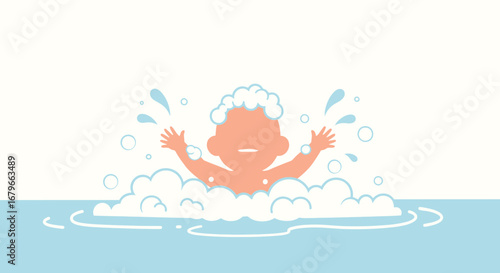 Illustration of a happy baby taking a bubble bath with water splashing