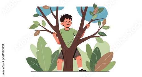 Illustration of a happy boy climbing a tree surrounded by natural elements