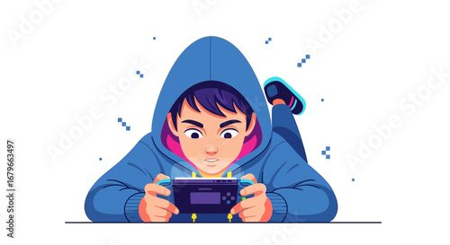 Illustration of a boy playing a video game, isolated on a white background