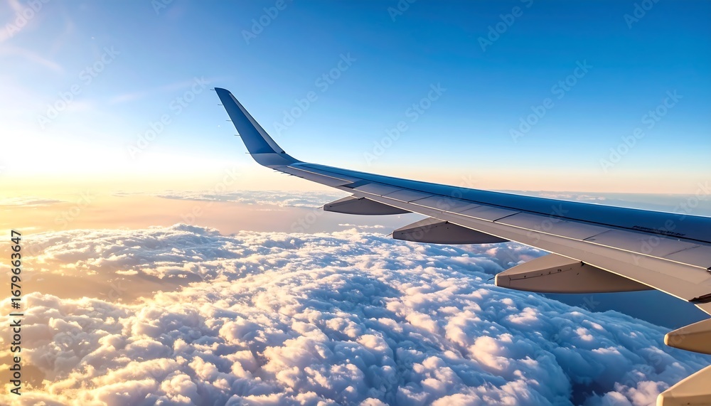 Obraz premium Airplane wing over fluffy clouds at sunrise