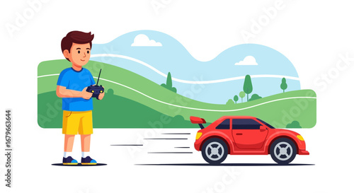 Illustration of a boy playing with a remote-controlled car on a sunny day