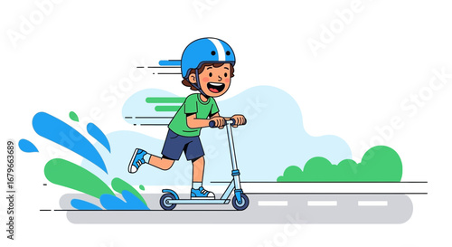 Illustration of a happy child riding a scooter with speed with helmet for safety