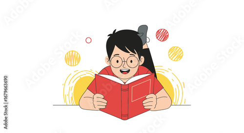 Illustration of a happy child reading a book with glasses and a red shirt