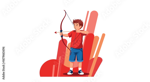 Illustration Of A Boy Practicing Archery With A Bow And Arrow, Vector Art