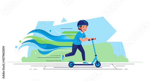 Illustration of a boy riding a scooter while wearing a helmet, vector design