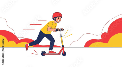 Illustration of a boy riding a scooter with red helmet and smiling in motion