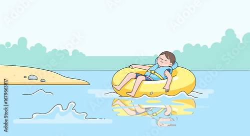 Illustration of a boy relaxing on a floaty in water at a sunny beach day