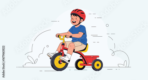 Illustration of a Boy Riding a Tricycle with a Helmet for Childhood Activity