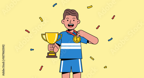 Illustration of a happy young boy celebrating victory with a trophy and medal