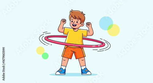 Illustration of a Happy Young Boy with a Hula Hoop Exercising and Having Fun