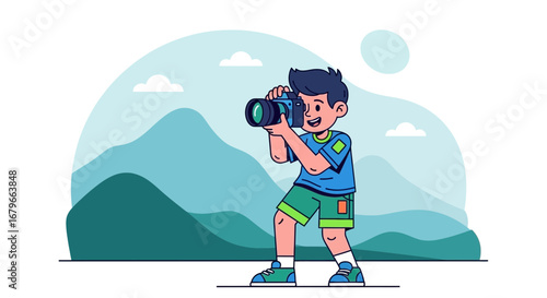 Illustration of a Boy Taking Pictures in the Mountains with Camera on a Sunny Day