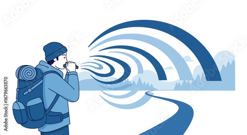 Illustration of a hiker blowing a harmonica creating a landscape vision of journey