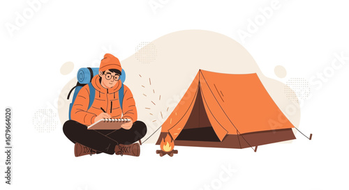 Illustration of a camper writing in a notebook near a tent set up and campfire