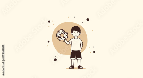 Illustration of a cartoon boy holding a donut with a bite taken out of it