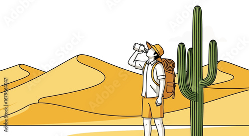 Illustration of a hiker drinking water in a desert landscape with sand dunes