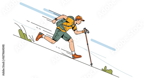 Illustration of a hiker descending a hill with trekking poles for outdoor activity