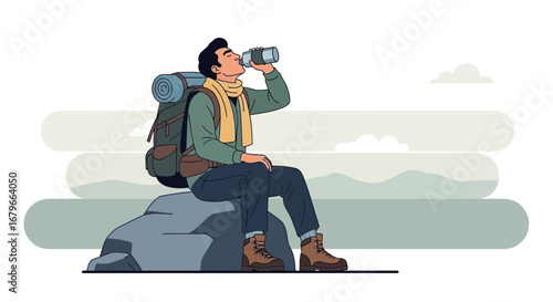 Illustration of a hiker drinking water, resting during journey, enjoying nature's beauty